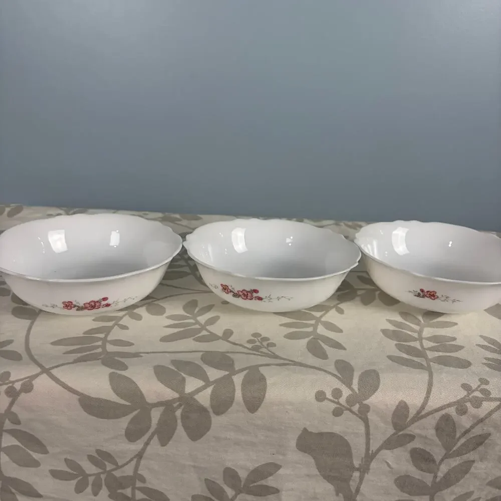 Vintage Arcopal Florentine Bowls Set of 3 Pink Floral French Opal Glass 6¼